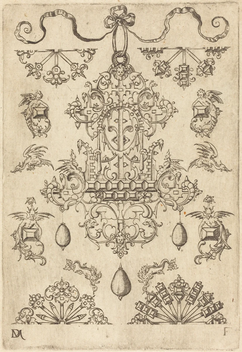 Large Pendant Surrounded by Ten Different Studs by Daniel Mignot, print, 1516-1653