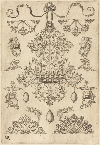 Large Pendant Surrounded by Ten Different Studs by Daniel Mignot, print, 1516-1653