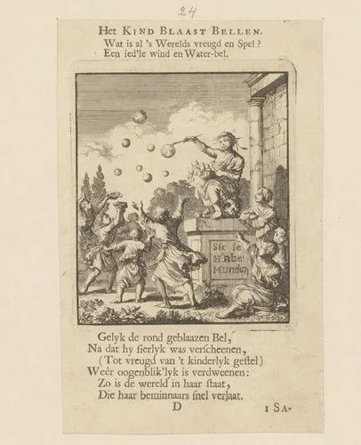 Kind blaast bellen op een pedestal by Jan Luyken, print, 1712