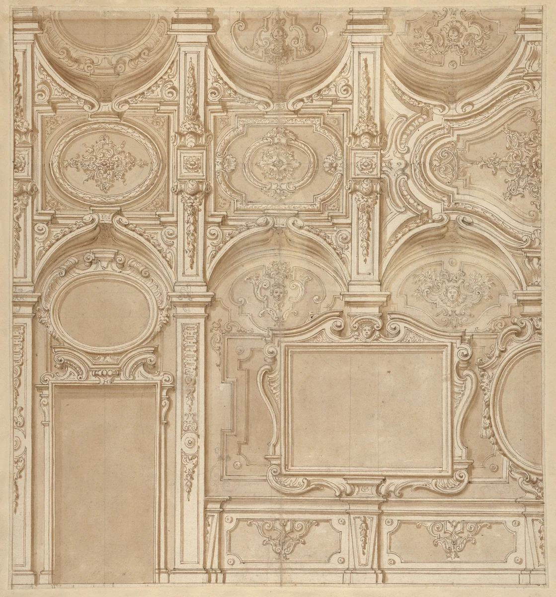 Design for a Wall and Ceiling with Frames and Decorations in Stucco by anonymous, drawing, 1685-1715