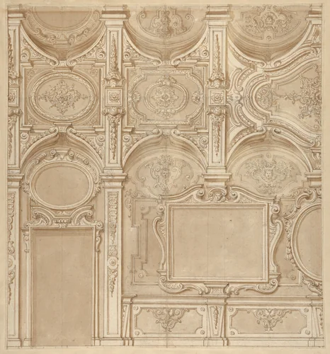 Design for a Wall and Ceiling with Frames and Decorations in Stucco by anonymous, drawing, 1685-1715