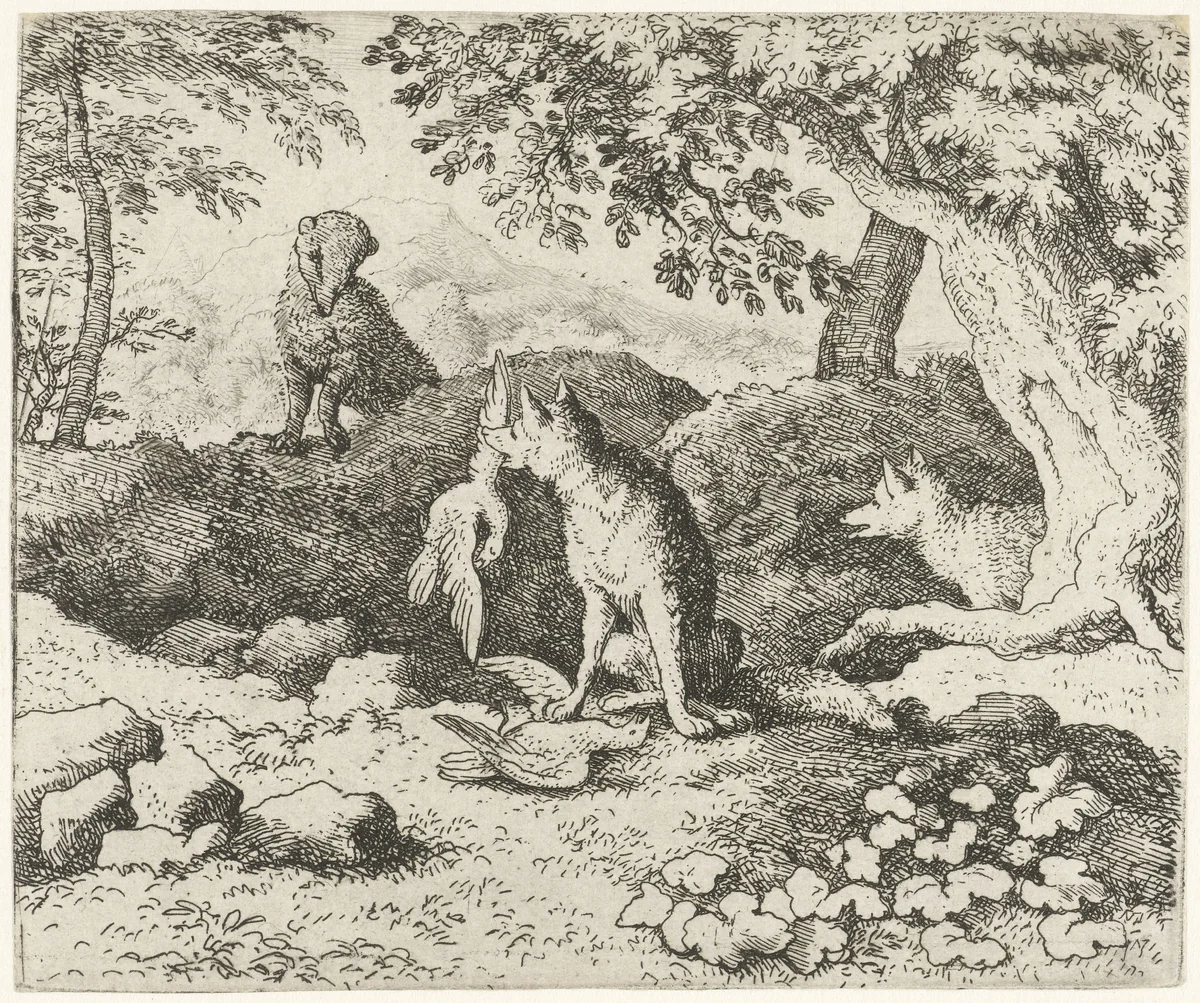 Grimbeert de das waarschuwt  Reinaert de vos by Allaert van Everdingen, print, 1665-1675