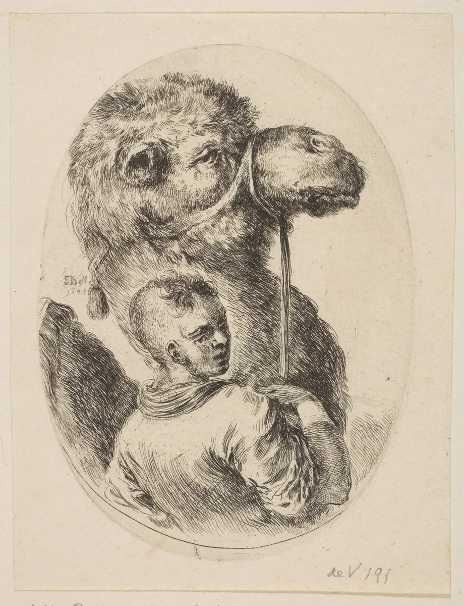 A slave holds a camel by the bridle, from "Several heads in the Persian style" (Plusieurs têtes coiffées à la persienne) by Stefano della Bella, print, 1649