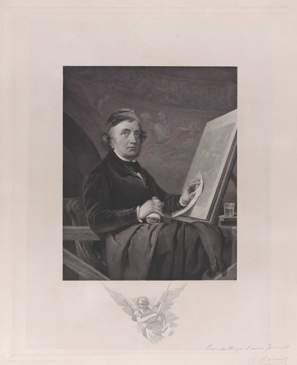 Portrait of Paolo Toschi, seated at an easel by Carlo Raimondi, print, 1830-1883