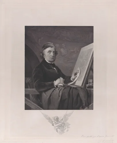 Portrait of Paolo Toschi, seated at an easel by Carlo Raimondi, print, 1830-1883