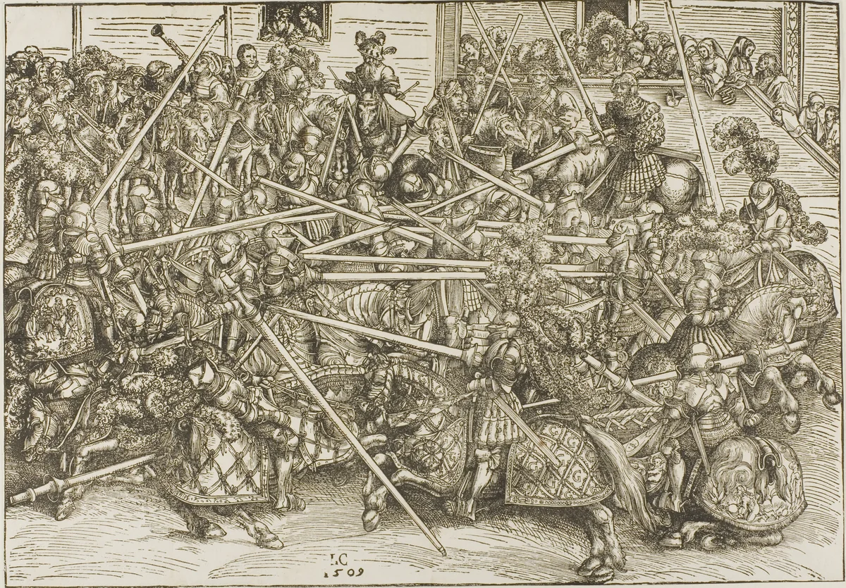 The Third Tournament, with Knights Breaking Lances by Lucas Cranach the Elder, print, 1509