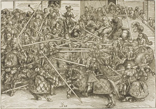 The Third Tournament, with Knights Breaking Lances by Lucas Cranach the Elder, print, 1509