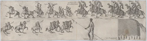 Plate depicting Donato Carcano, from a series of twelve showing knights and their attendants dressed for a tournament (plate 3) by anonymous, print, 1565