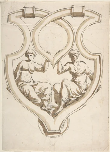 Two Female Figures in Interlaced Cartouche Design for Door Knocker by anonymous, drawing, 1800-1900