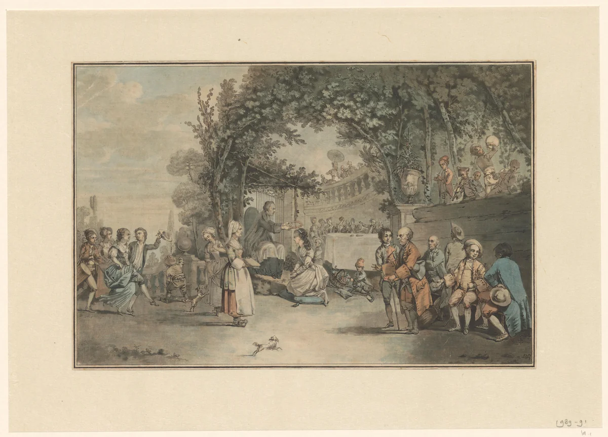Elegant gezelschap met vrouw die wordt gekroond met een krans van rozen by Charles Benazech, print, 1790