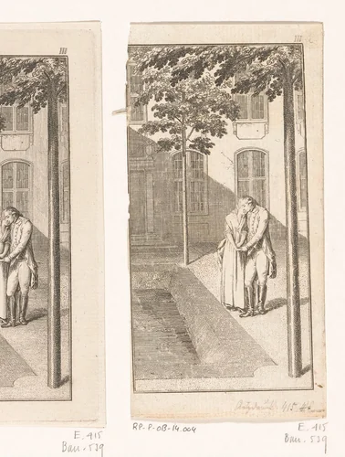 Alexander en Tinchen naast een vijver op een binnenplaats by Daniel Nikolaus Chodowiecki, print, 1781