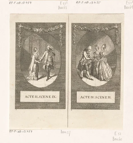 Twee scènes uit Minna de Barnhelm by Daniel Nikolaus Chodowiecki, print, 1769