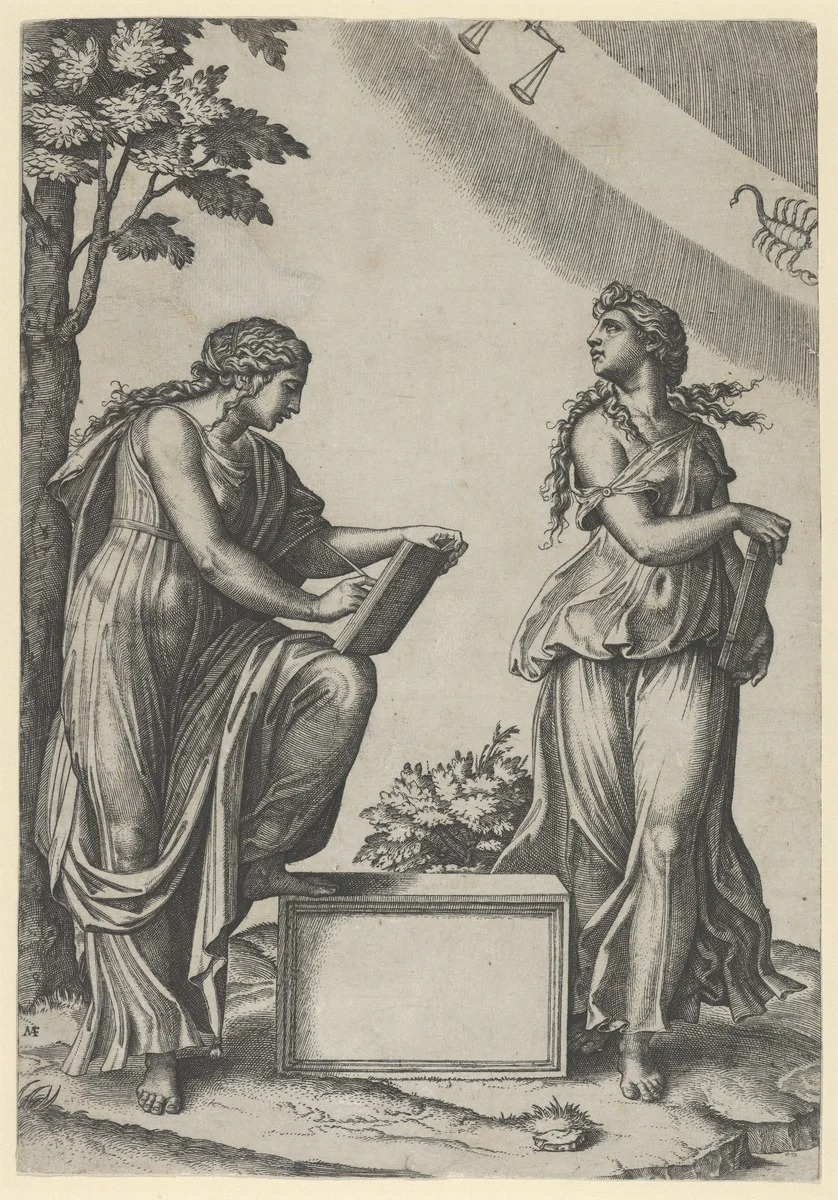Two women of the zodiac standing beneath the signs of Libra and Scorpio by Marcantonio Raimondi, print, 1512-1525