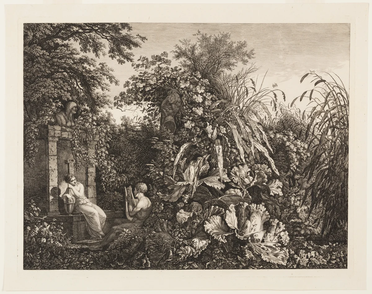 Youth Playing a Lyre to a Maiden by a Fountain by Carl Wilhelm Kolbe, print, 1803
