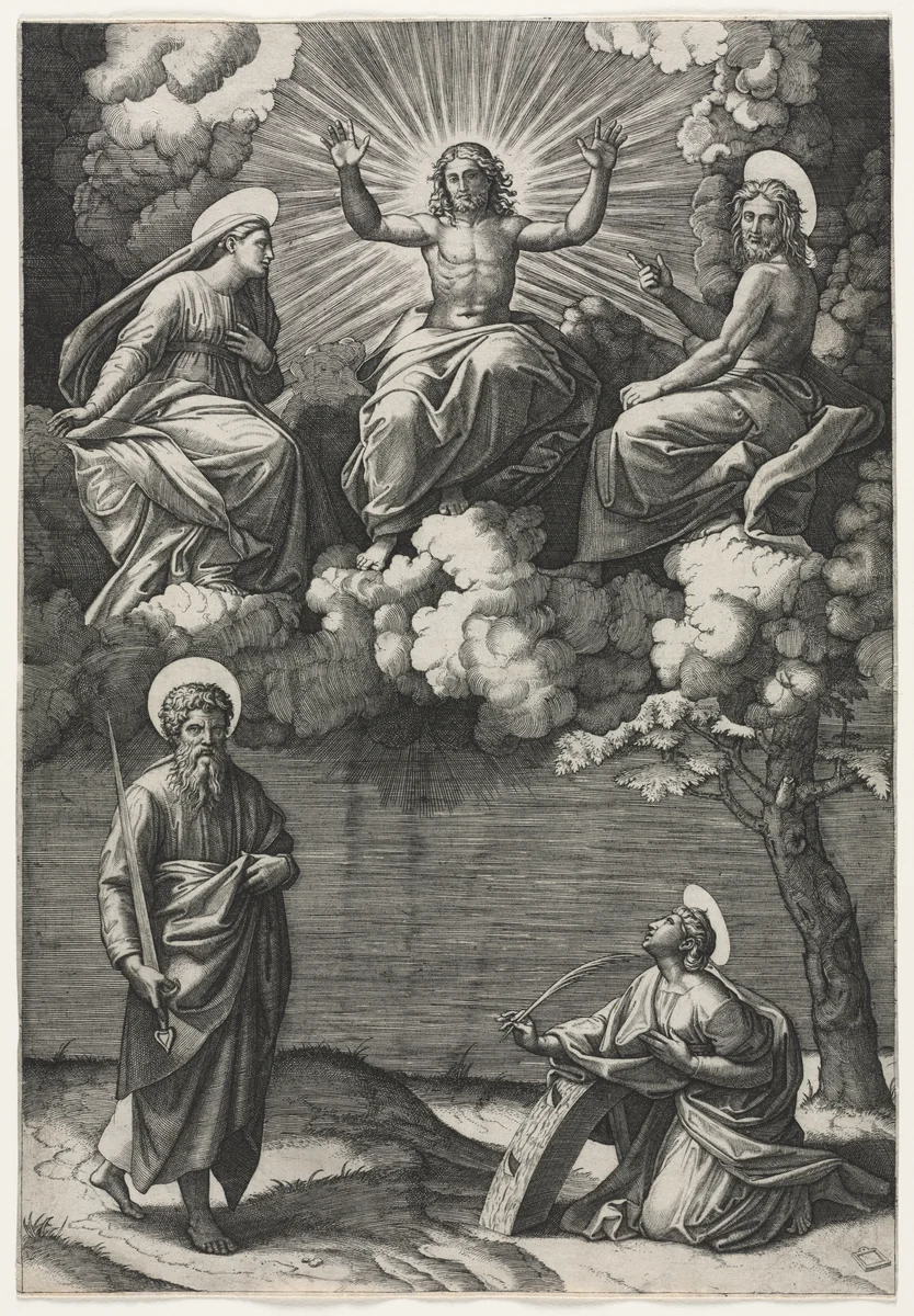 Christ, the Virgin, and St. John the Baptist with Saints Paul and Catherine by Marcantonio Raimondi, print, 1520-1525