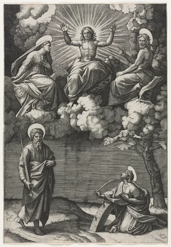 Christ, the Virgin, and St. John the Baptist with Saints Paul and Catherine by Marcantonio Raimondi, print, 1520-1525