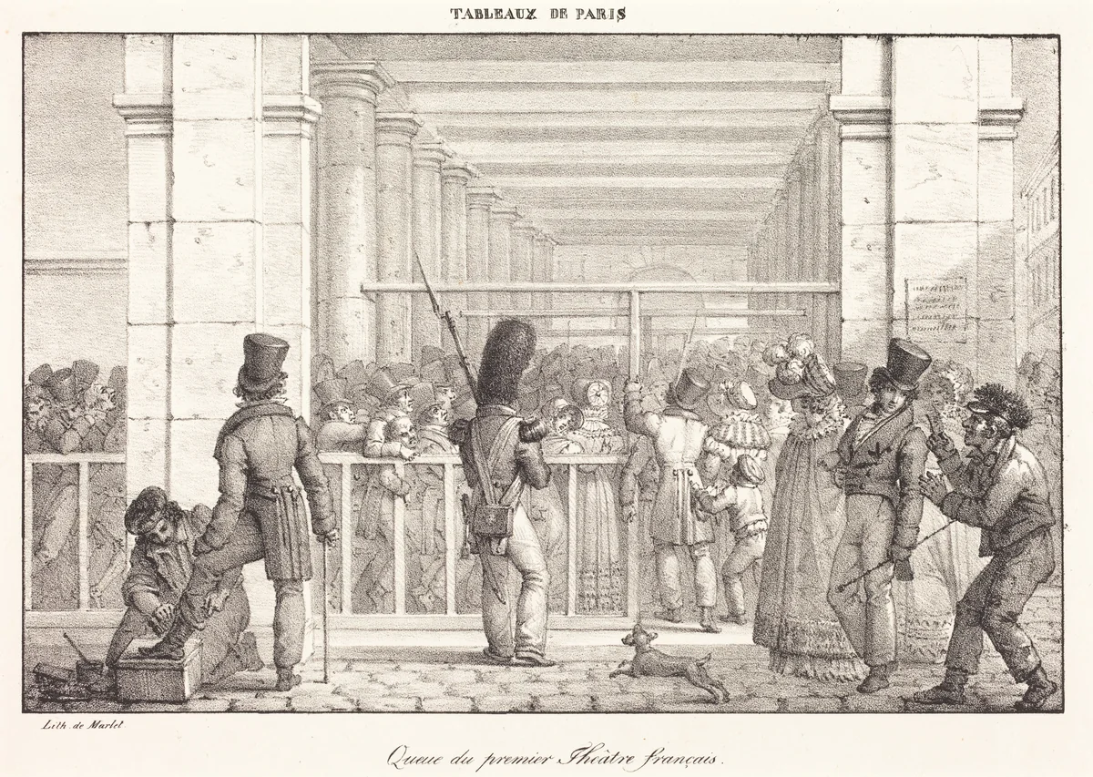 Queue du premier Theâtre français by Jean Henri Marlet, print, 1770-1847