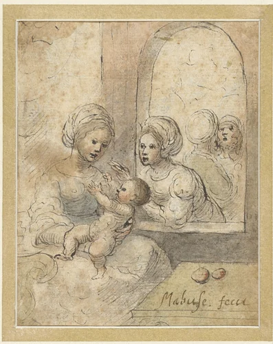 Maria met kind en drie andere figuren by anonymous, drawing, 1700-1799