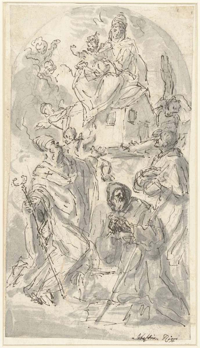 De Madonna van de Santa Casa van Loreto, aanbeden door drie heiligen by Girolamo Brusaferro, drawing, 1710-1760
