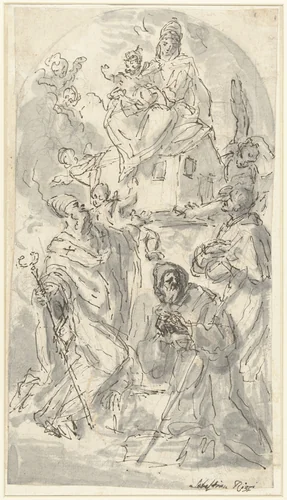 De Madonna van de Santa Casa van Loreto, aanbeden door drie heiligen by Girolamo Brusaferro, drawing, 1710-1760