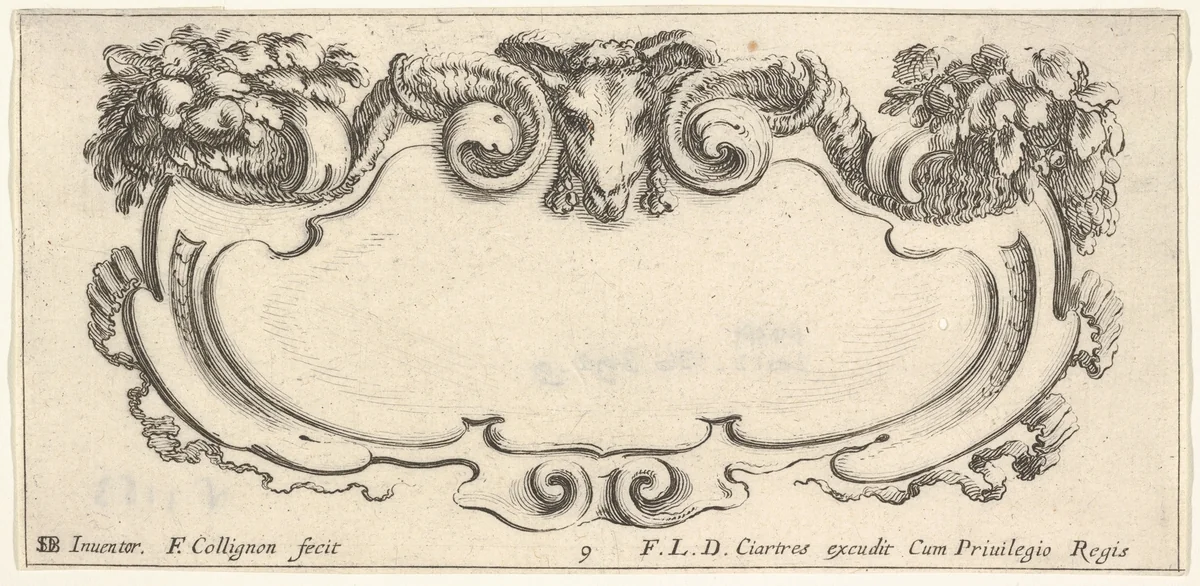 Plate 9: a cartouche with the head of a ram at top center, flowers at top left and right, from "Twelve cartouches" (Recueil de douze cartouches) by François Collignon, print, 1640-1645