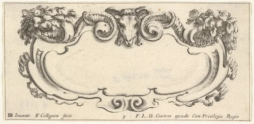 Plate 9: a cartouche with the head of a ram at top center, flowers at top left and right, from "Twelve cartouches" (Recueil de douze cartouches) by François Collignon, print, 1640-1645