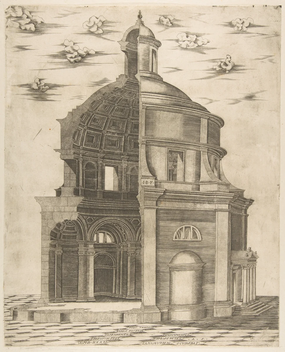 Exterior and interior section of a temple in Rome dedicated to Neptune by Giulio Bonasone, print, 1541