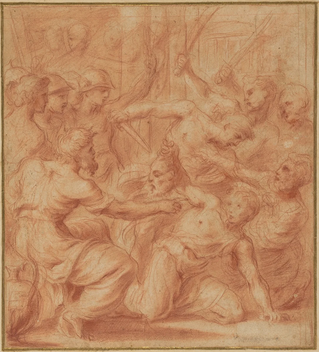 David Offering the Head of Goliath to King Saul by Bartolomeo Biscaino, drawing, 1650-1659