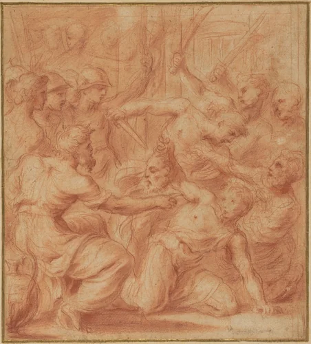 David Offering the Head of Goliath to King Saul by Bartolomeo Biscaino, drawing, 1650-1659