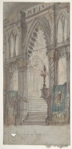 Design for a Stage Set at the Opéra, Paris: Church Interior by Eugène Cicéri, drawing, 1830-1890