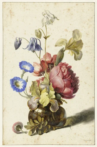 Bloemen in een fles by Dirck de Bray, drawing, 1674