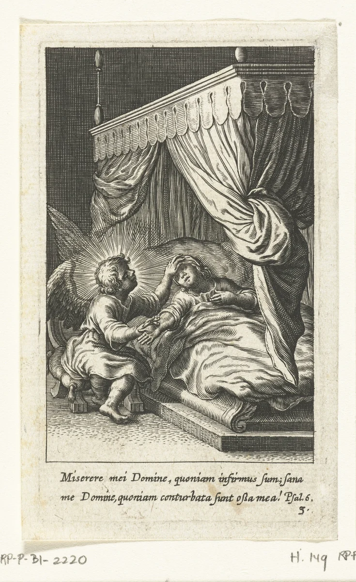 Ziek kind ligt in bed en wordt verzorgd door engel by Boëtius Adamsz. Bolswert, print, 1590-1624