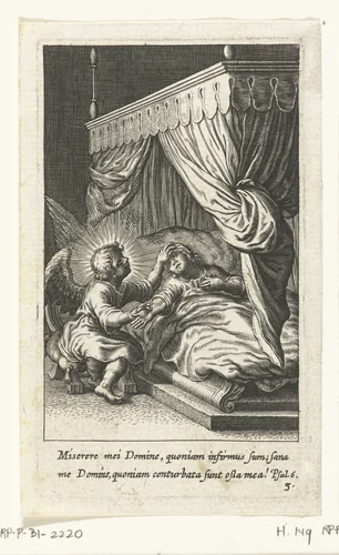 Ziek kind ligt in bed en wordt verzorgd door engel by Boëtius Adamsz. Bolswert, print, 1590-1624