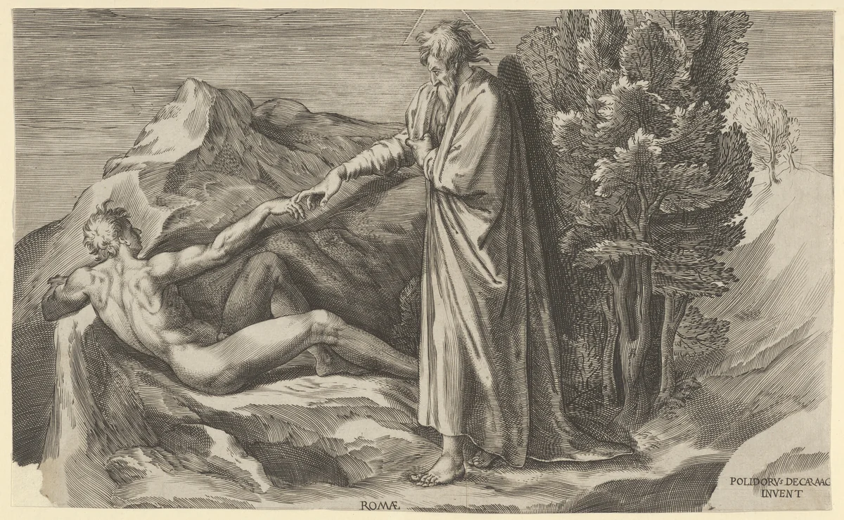 The Creation of Adam who reclines at left and touching the hand of God by Cherubino Alberti, print, 1570-1615