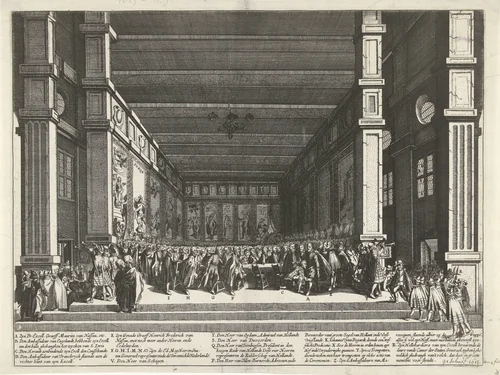 De investituur van Maurits met de Orde van de Kousenband, 1613 by anonymous, print, 1613-1615