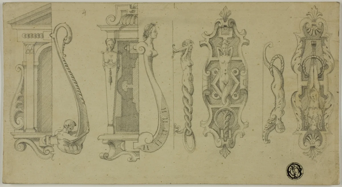 Ironwork Door Knockers by Jacques Androuet du Cerceau, drawing, 1800-1899