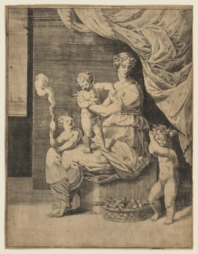 Charity by Adriaan de Weerdt, print, 1550-1600
