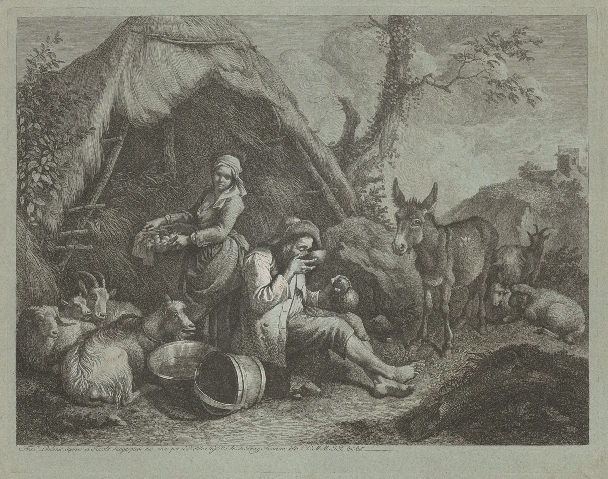 Seated Old Man and Woman with a Basket of Eggs by Francesco Londonio, print, 1759-1782