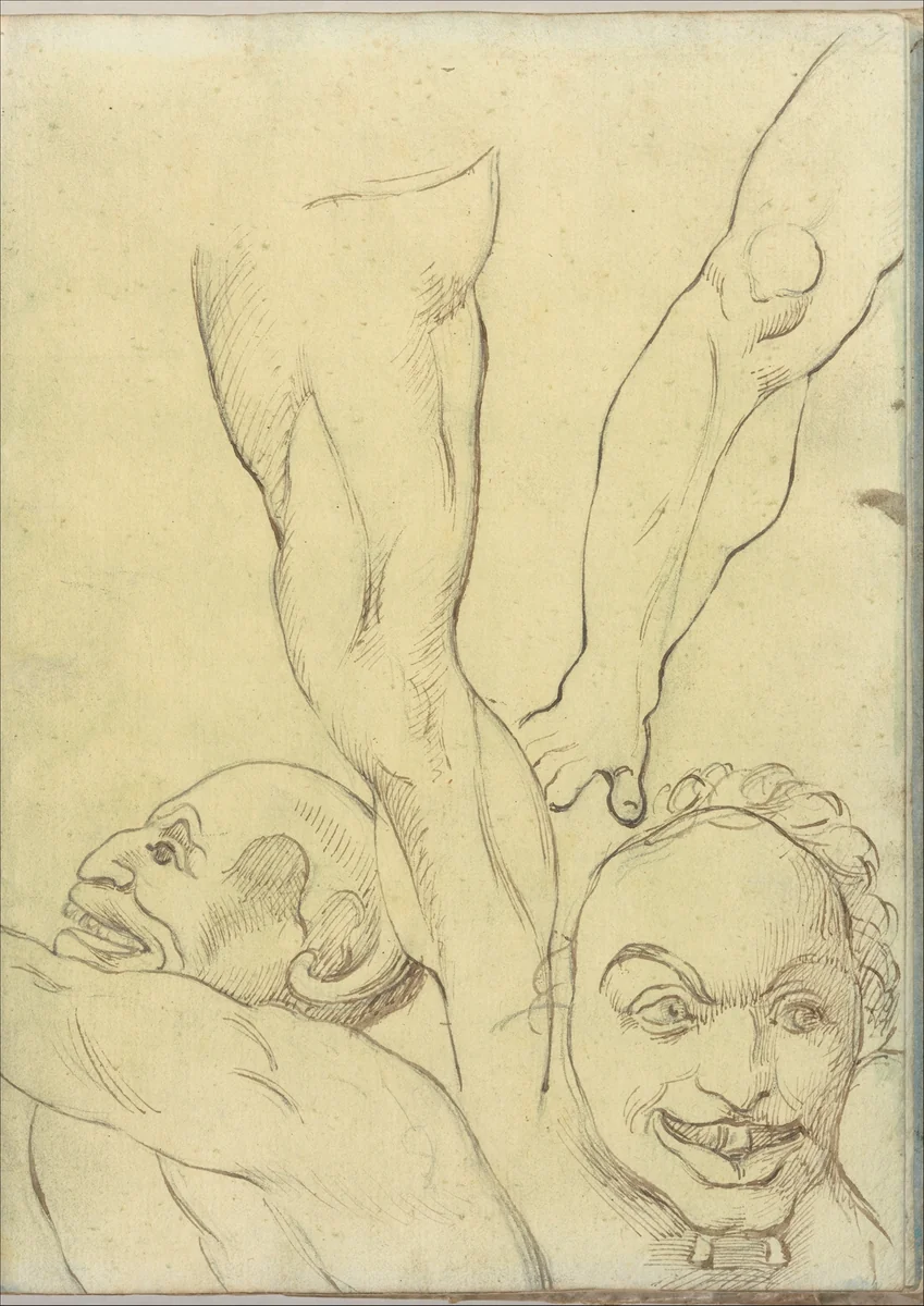 Two demons and two legs, after Michelangelo (?) (Smaller Italian sketchbook, leaf 16 recto) by Joseph Wright, drawing, 1774-1775