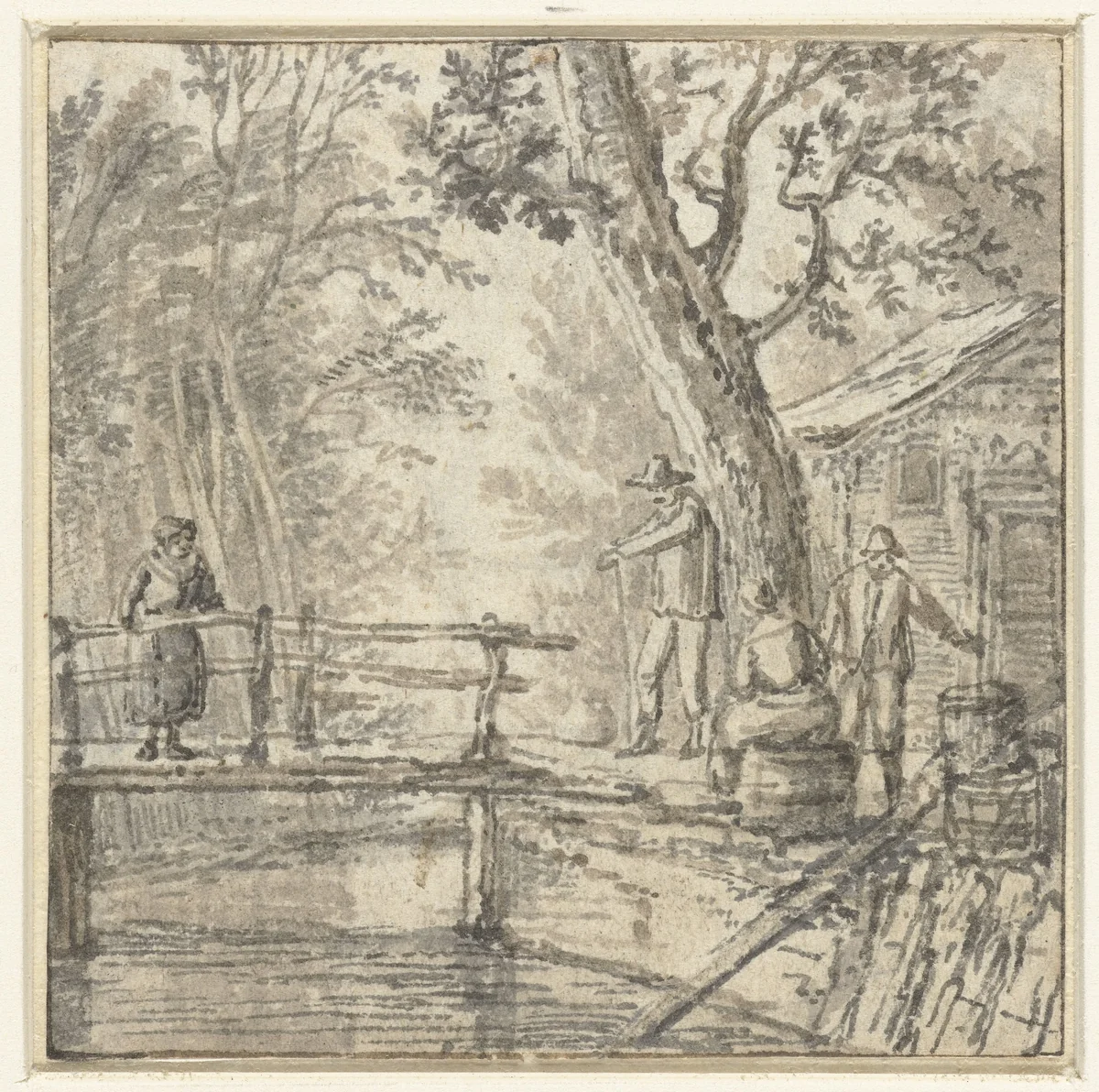 Bruggetje met vier figuren by anonymous, drawing, 1700-1800