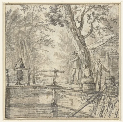 Bruggetje met vier figuren by anonymous, drawing, 1700-1800
