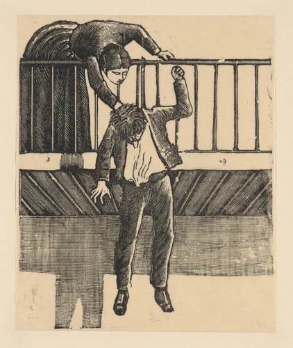 A woman discovering a man who has committed suicide by hanging himself from a balcony by José Guadalupe Posada, print, 1887-1897