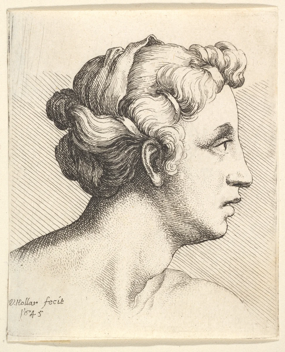 Woman with a bound tress of hair in profile to right by Wenceslaus Hollar, print, 1645