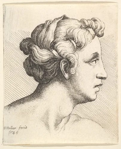 Woman with a bound tress of hair in profile to right by Wenceslaus Hollar, print, 1645