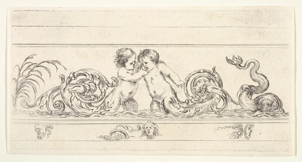 Two infants standing in the water at center with their legs as scrollwork, below three small sketches of heads, plate 3 from "Friezes, foliage, and grotesques" (Frises, feuillages et grotesques) by Stefano della Bella, print, 1638-1643