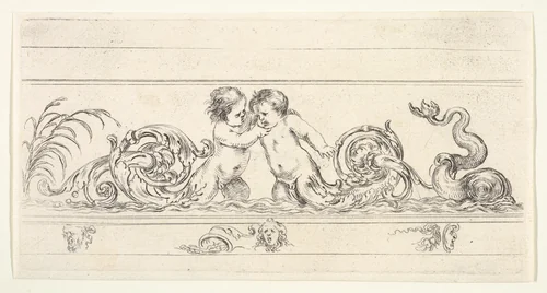 Two infants standing in the water at center with their legs as scrollwork, below three small sketches of heads, plate 3 from "Friezes, foliage, and grotesques" (Frises, feuillages et grotesques) by Stefano della Bella, print, 1638-1643
