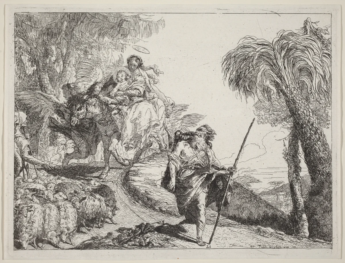 The Flight with Joseph in the Foreground by Giovanni Domenico Tiepolo, print, 1753