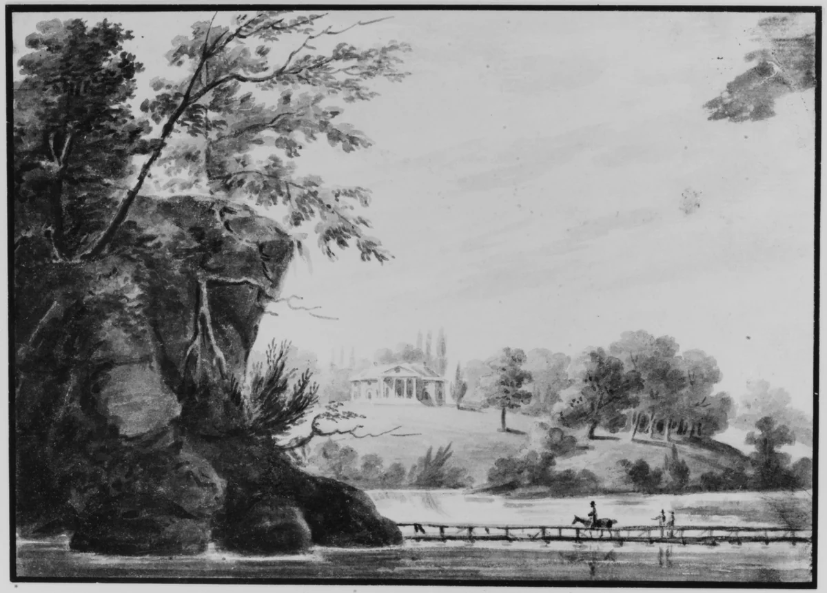 View of Morrisville, General Moreau's Country House in Pennsylvania, Possibly The Woodlands, Pennsylvania by Pavel Svinin, artwork, 1811-1816