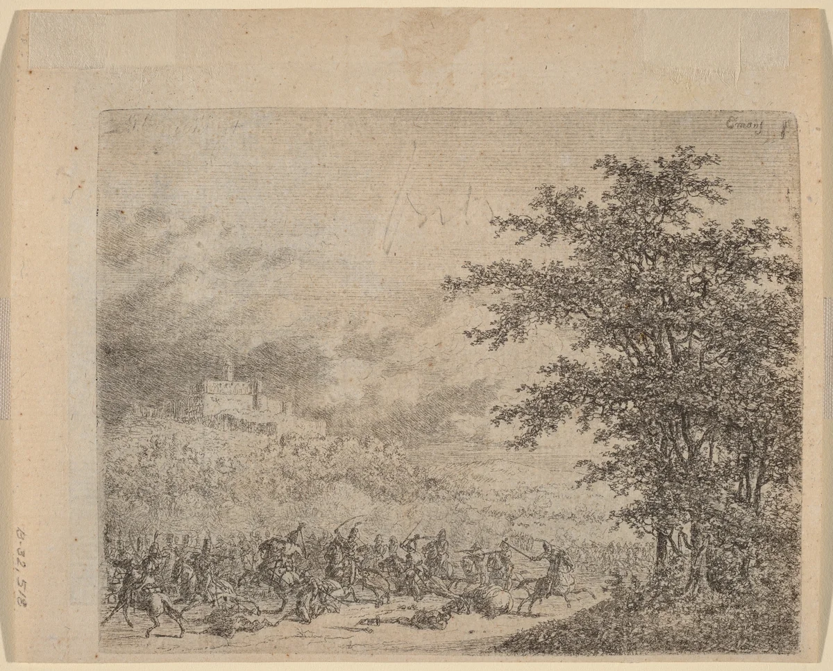 The Affair near Konigstein (L'Affaire pres d e Koenigstein) [verso] by Gerhardus Emaus de Micault, print, 1789-1863