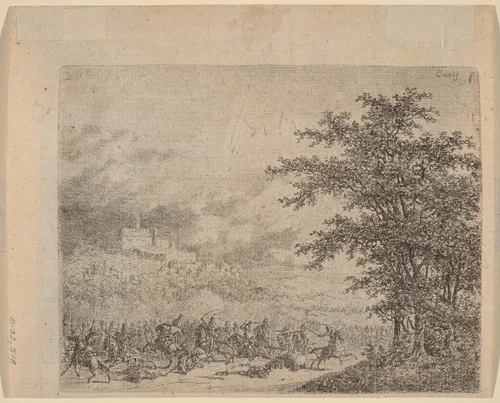 The Affair near Konigstein (L'Affaire pres d e Koenigstein) [verso] by Gerhardus Emaus de Micault, print, 1789-1863